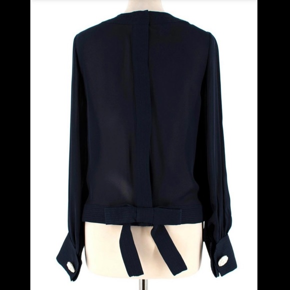 Oscar de la Renta Navy Blue Silk Blouse with white rose buttons